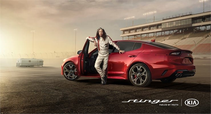 Steven Tyler hits the racetrack in Kia’s Super Bowl ad for the all-new Stinger sportback sedan.