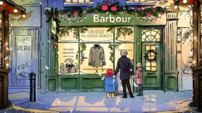 Mrs Brown, Judy and Paddington Bear find the perfect present for Mr Curry after stumbling across the Barbour store