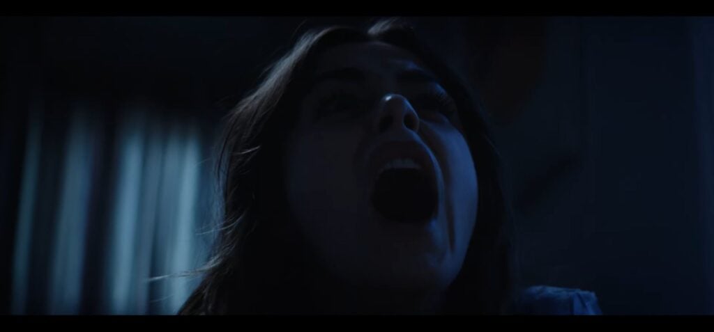 A woman with an open mouth appears to be screaming or shouting in a dimly lit room with curtains in the background, as if startled by a late-night Goodnight Phone ad review.