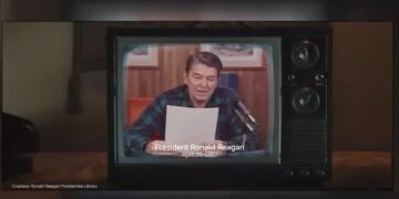 A television screen displays President Ronald Reagan reading from a paper, with the text "President Ronald Reagan, April 26, 1987" shown at the bottom—a scene reminiscent of a classic Reagan-Tariff Ad in Ontario marketing history.