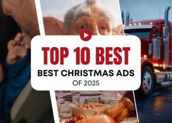 A collage featuring a man holding a baby, a creature with large ears, a Coca-Cola truck, and a festive dinner table highlights the Top 10 Best Christmas ads 2025.