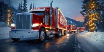 A convoy of red Coca-Cola trucks, featured in an AI-generated ad, glides along a snowy, tree-lined road at dusk, sparkling with festive holiday lights.