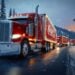 A convoy of red Coca-Cola trucks, featured in an AI-generated ad, glides along a snowy, tree-lined road at dusk, sparkling with festive holiday lights.