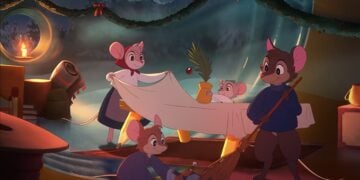 Four hand-drawn animated mice decorate a cozy room for Christmas, hanging garland and preparing a bed with a small tree and an ornament, all by the warm glow of candles—capturing the charm of a classic Christmas ad.
