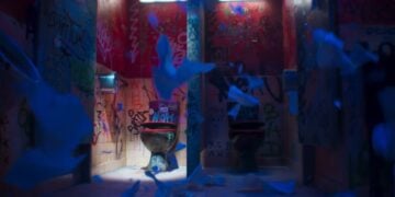 A dimly lit public restroom with graffiti-covered walls, two toilets, toilet paper strewn and flying around—looking more chaotic than a Super Bowl 2026 Ad Review.