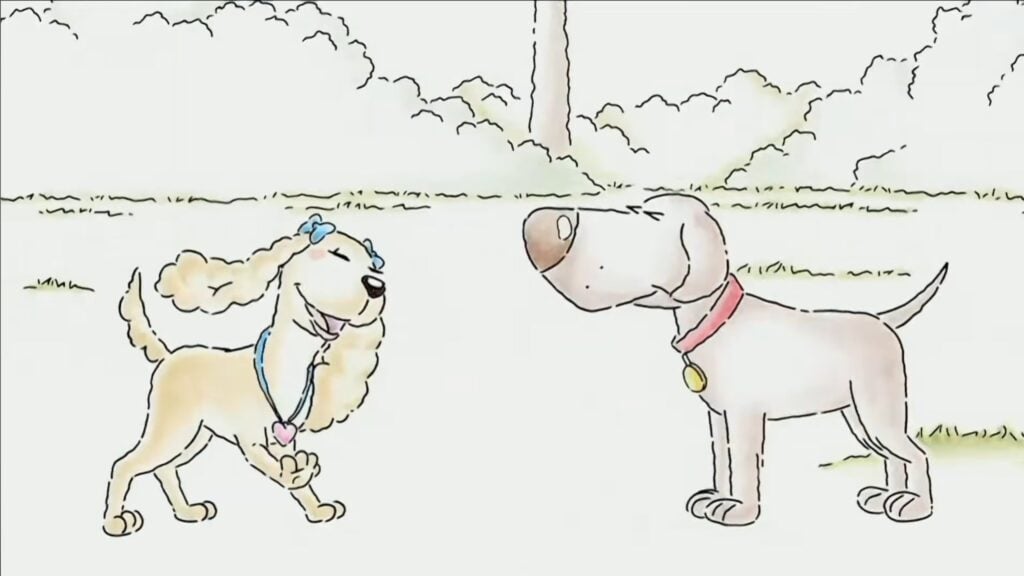Two cartoon dogs face each other outside; one is a fluffy, light-colored dog with a blue bow, and the other is a short-haired dog with a red collar and a gold tag.