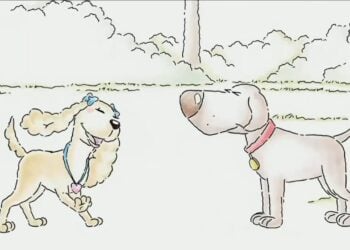 Two cartoon dogs face each other outside; one is a fluffy, light-colored dog with a blue bow, and the other is a short-haired dog with a red collar and a gold tag.