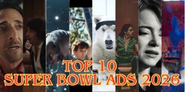 A collage of scenes from various Super Bowl 2026 commercials, with bold yellow and red text reading “Top 10 Super Bowl Ads 2026” across the center.